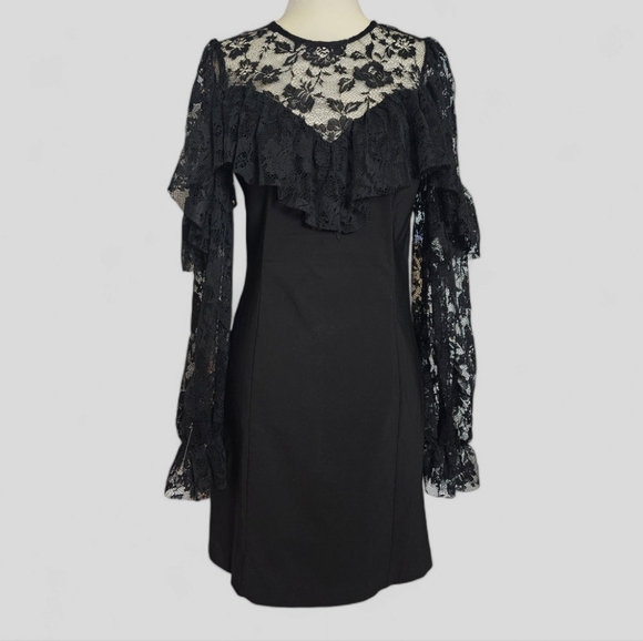 TOP SHOP Illusion Lace Yoke Long Sleeve Body Con Mini Dress - Picture 1 of 7